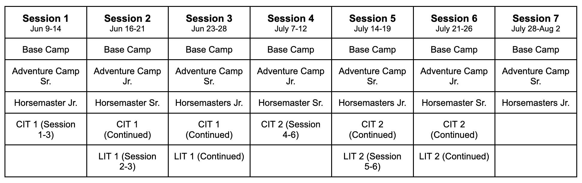 2024 Camp Jackson Session Dates